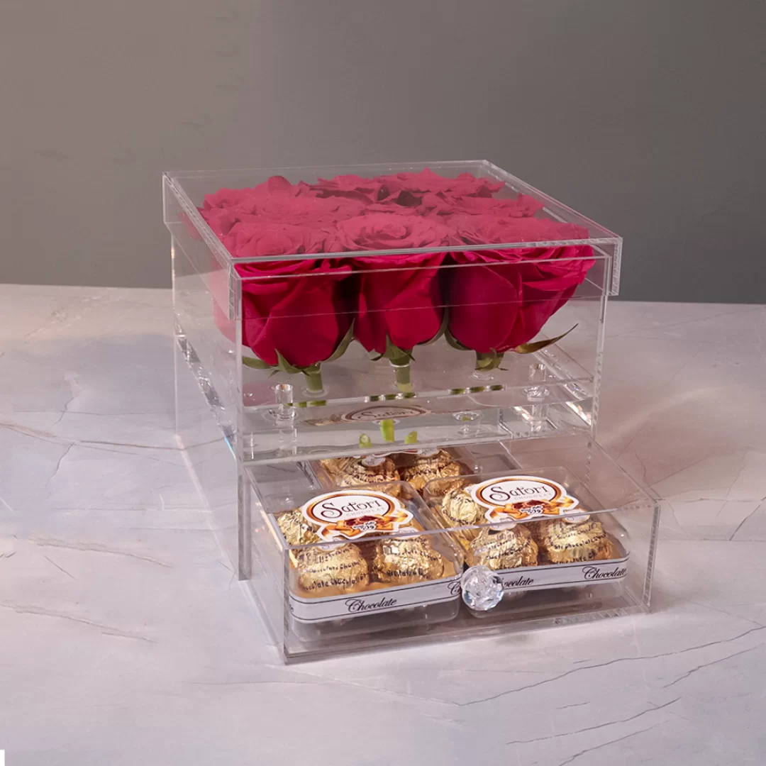 caja cuadrada acrilica con cajon para flor